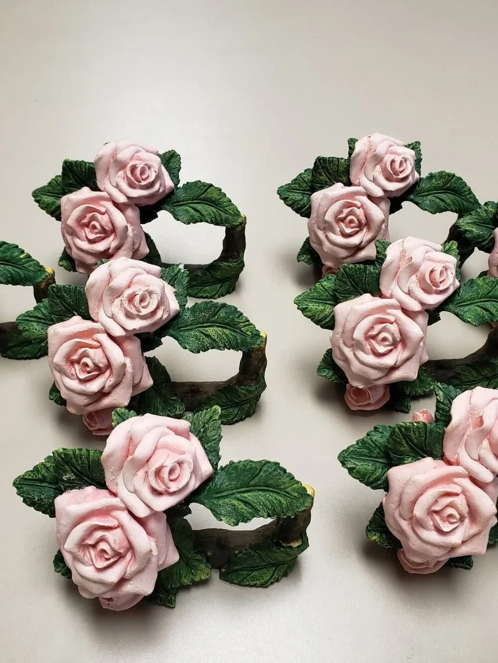 Vintage Set Of 8 Pink Rose Napkin Rings